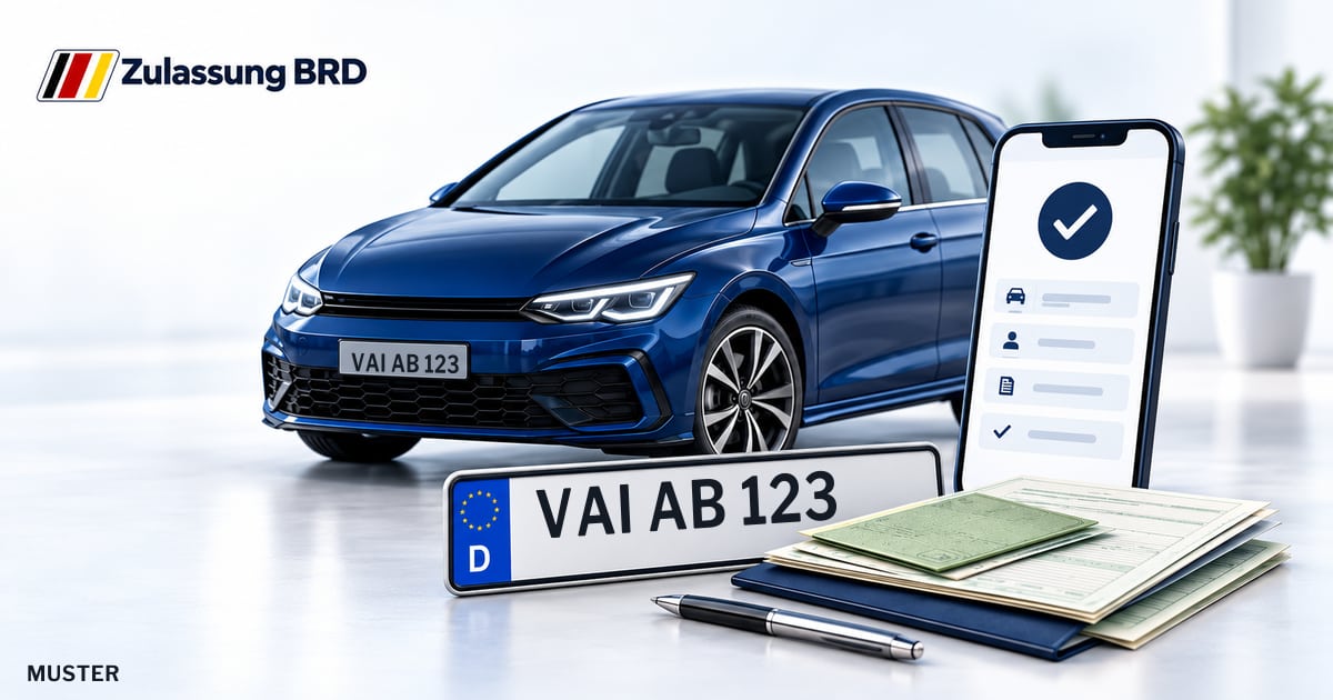 Online Fahrzeugzulassung in Vaihingen / Enz: Musterkennzeichen VAI AB 123, Auto und Fahrzeugpapiere und Smartphone. Illustration mit Logo von Zulassung BRD.